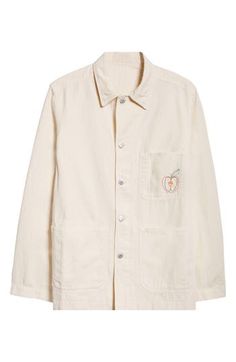 The British haberdasher draws inspiration from traditional workwear in this cotton-and-linen chore jacket detailed with an embroidered apple at the chest. 29 1/2" length (size 46) Front button closure Spread collar Front patch pockets 78% cotton, 22% linen Machine wash, line dry Made in Portugal Designer Clothing Collared Cotton Outerwear With Embroidery, Collared Embroidered Cotton Outerwear, Embroidered Cotton Collared Outerwear, Embroidered Cotton Outerwear For Work, Embroidered Cotton Button-up Outerwear, Vintage Cotton Outerwear With Floral Embroidery, Floral Embroidered Cotton Button-up Outerwear, Cream Embroidered Cotton Outerwear, Beige Cotton Outerwear With Floral Embroidery