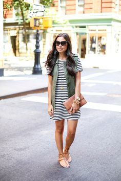 black and white striped shirtdress, green military dress, brown gladiator sandals. preppy, sophisticated, basic, nautical, church, date night, hangout, spring or summer outfit. Valentino Rockstud Sandals, Green Vest, Stripe Outfits, Valentino Rockstud, Summer Outfit Inspiration, Vest Outfits, White Striped Dress, Outfits Casuales