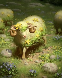 a painting of a sheep with flowers on its head in the middle of a field