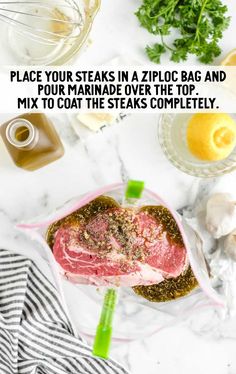 the ingredients to make this recipe include steaks, garlic and seasoning on top