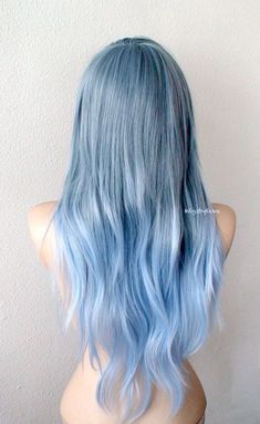 "© 2015 Kekewigs This hairstyle is created by Keke in 2015, the images are copyrighted. Please do not use the photos for commercial purposes. Color: Pastel Grayish Blue Ombre Hairstyle: Straight hair with soft layers Part: Free part Overall length: 28\" Bangs Length: 13\" Cap Size: Average Cap Circumference: 22.5\" can be adjusted to 22\"-23\" Cap Construction: Capless cap - Open weft cap with adjustable straps Hair type: Premium Futura heat friendly synthetic hair ^-^ Please check the shop poli Light Blue Ombre Hair, Blue Ombre Wig, Short Blue Hair, Dark Purple Hair, Dyed Hair Blue, Dyed Hair Pastel