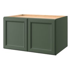 a green cabinet with two doors and a wooden top