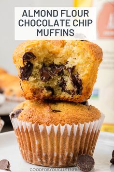 two chocolate chip muffins stacked on top of each other with the title above it