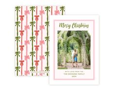 two christmas cards with pink flowers and green leaves on them, one has an image of the