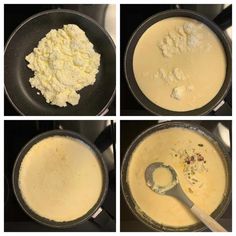 four pictures show how to make cheese sauce in a skillet with a spatula