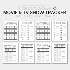 the movie and tv show tracker printable worksheet is shown in black and white