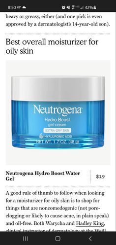 Neutrogena Hydro Boost, Extra Dry Skin, Moisturizer For Oily Skin, Clogged Pores, Gel Cream, Dermatology, Oily Skin, Oil Free, Hyaluronic Acid