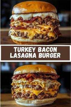 two different views of a hamburger with cheese and meat on it, one is turkey bacon lasagna burger