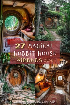 the inside of a hobbit house with lots of windows and furniture in it