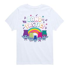 a white t - shirt with the words band - tastic printed in rainbow colors