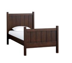 a wooden bed frame with white sheets and pillows on it, against a white background