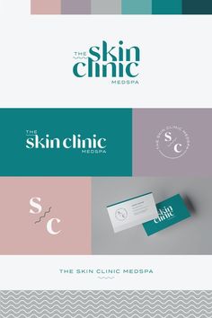 the skin clinic logo and business cards are shown in three different colors, including blue, green