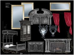 an assortment of antique furniture and mirrors in black with red drapes on the windows