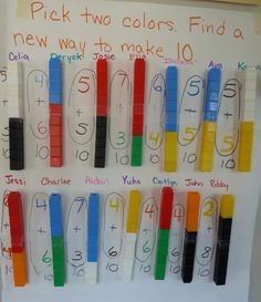 a white board with markers and numbers on it that says pick two colors find a new way to make 10