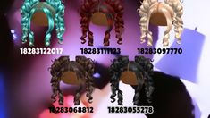 several different types of ponytails on display in front of a purple background with white and blue lights