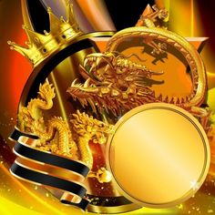 a gold crown and two golden dragon on a black and yellow background with an oval banner