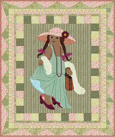 a woman in a hat and dress with a purse on her shoulder is walking through the quilt