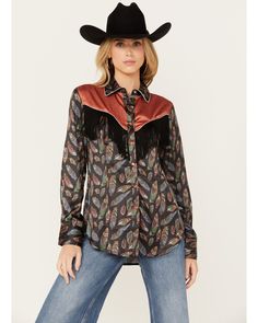 Scully Women's Feather Print Long Sleeve Pearl Snap Western Fringe Shirt Casual Fall Blouse For Rodeo, Casual Rodeo Fall Blouse, Fall Long Sleeve Blouse For Rodeo, Fall Rodeo Long Sleeve Blouse, Fitted Western Top For Fall, Fitted Western Blouse For Fall, Fitted Western Style Blouse For Fall, Western Style Tops With Button Closure For Fall, Western Long Sleeve Tops For Fall