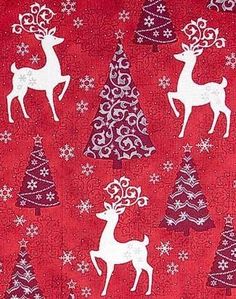 red and white fabric with christmas trees and deers printed on the side, all in snowflakes