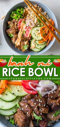 This Banh Mi Rice Bowl is a delicious side dish recipe for dinner made with pork tenderloin, pickled veggies, brown rice, and sriracha mayo. Pin this weeknight dinner recipe for the family! Rice Bowls For A Crowd, Hahn Mi Bowl, Bhan Mi Chicken, Kabob Bowl, Dinner For Teens, Nutritious Bowls, Bahn Mi Bowl, Pork Rice Bowl Recipe, Rice Meal Prep