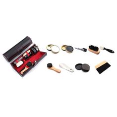 The Vegan Leather Shoe Shine Cleaning Set 9pcs is a great gift for any man who appreciates the value of well-kept shoes. The kit features everything you need to clean and maintain your leather footwear at home as well as on vacation. It comes in an elegant round shape box including shoe polish cream in black and white shades, brushes that fit different types of materials, sponges with textured surfaces for more thorough cleaning between grooves, metal shoehorn which helps to prevent additional d Clean Tools, White Shades, Leather Footwear, Shoe Brushes, High Heel Sneakers, Shoe Polish, Brush Cleaning, Shoe Shine, Cleaning Appliances