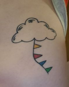 a woman's thigh with a cloud and triangles tattoo on it