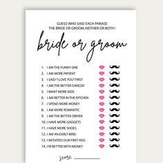 the bride or groom game is shown with pink hearts and black moustaches