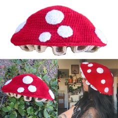 a woman wearing a red and white crocheted mushroom hat