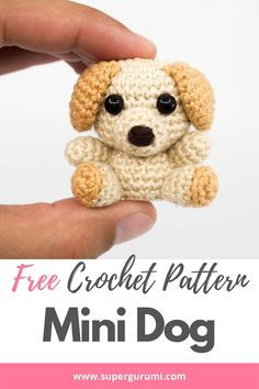 a small crochet dog sitting in the palm of someone's hand with text overlay that reads free crochet pattern mini dog