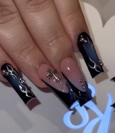 Black Nail Sets Designs, Black Airbrush Nails, Rockstar Nails Acrylic, G59 Nails