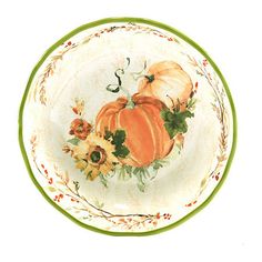 a plate with pumpkins and flowers painted on it