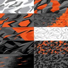 four different color variations of black and white, orange and grey abstract designs with text overlaying the image