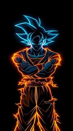 the dragon ball gohan is glowing in blue and orange lights, with his arms crossed