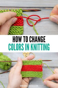 two photos with the words how to change colors in knitting on top of each other