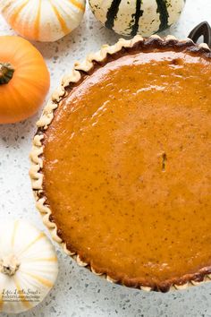 a pumpkin pie sitting on top of a table next to mini pumpkins and gourds