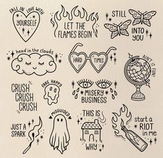 some stickers that are on the side of a piece of paper with words and symbols