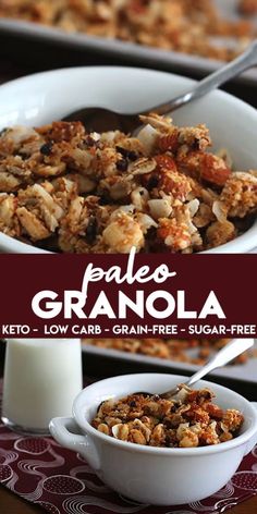 paleo granola in a white bowl with a spoon next to it on a table