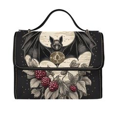 Gothic Bats Purse, Vintage Style Canvas Satchel bag, Vegan Hand Bag Goth Bag, Halloween Costume Adult Cosplay, Spooky Black cross body purse ► ABOUT THIS PURSE Colors: Black, off-white, raspberry, gray Design: Bat, full moon, flowers Trim Color: Black Metal Color: Gold The design is printed on all outer sides. The handle and trim are black.  The purse comes with a black vegan strap. * Made from high-grade waterproof canvas, durable, water-resistant. This is a TEXTURED rigid material., rigid purs Gothic Bags With Adjustable Strap For Halloween, Black Gothic Bag For School, Gothic Black Crossbody Bag, Black Gothic Crossbody Bag, Gothic Black School Bag, Gothic Halloween Shoulder Bag With Adjustable Strap, Gothic Crossbody Shoulder Bag For School, Gothic Black Shoulder Bag For Cosplay, Black Gothic School Bag