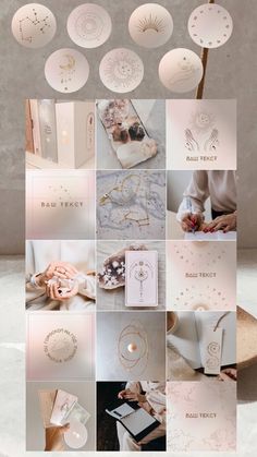 a collage of photos with gold and white designs on them, including cards, envelopes