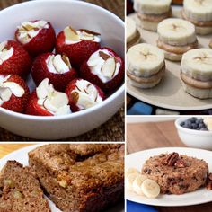 there are four different pictures of desserts and pastries on the table with bananas, strawberries, blueberries, muffins