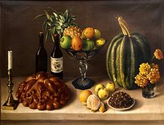 a painting of fruit and wine on a table