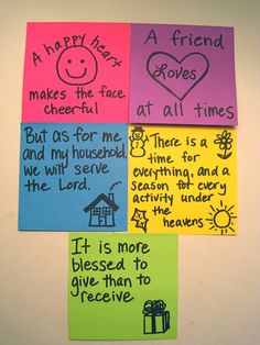 four colorful sticky notes with words written on them in different colors and shapes, each one has a happy heart