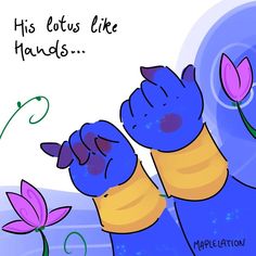 two blue cats standing next to each other with flowers in front of them and the caption reads, his lotus like hands