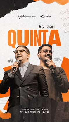 two men standing next to each other in front of a poster with the words quinta on it