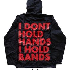 Extremely Rare Never Being Made Again Brand New With Tags Host Pick Bay Area San Francisco Sf Small Black Owned Business Backwards Company Black Windbreaker Hooded Jacket Gold Buttons Button Up Jacket With “ More Bands Less Friends “ In Red And White Writing On The Front And “ I Don’t Hold Hands I Hold Bands “ In Red Writing On The Back With Adjustable Drawstrings At The Bottom To Cinch It In Unisex Size Medium M Writing On Front Is Slightly Chipping Has A Small Sticky Substance Inside That Can Bape Jacket, Black Owned Business, Hold Hands, Black Windbreaker, Button Up Jacket, Mom And Grandma, Teenage Boys, Vintage Streetwear, Gold Buttons