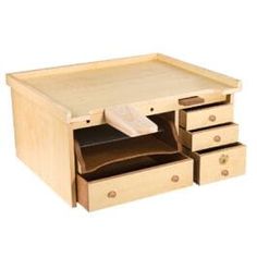 a wooden desk with three drawers and one drawer open