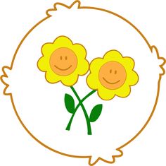 two yellow flowers in a round frame with a smiley face drawn on the top and bottom