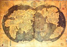 A controversial hypothesis, put forward by amateur historian Gavin Menzies, suggests that China discovered the Americas 70 years before Columbus. He bases his theory on an alleged 18th century copy of a 1418 map charted by Chinese Admiral Zheng He, which appears to show the New World in some detail Zheng He, Ancient World Maps, Ancient Maps, Map Globe, Old World Maps, Ancient Origins, Ancient Mysteries, Old Maps, World Literature