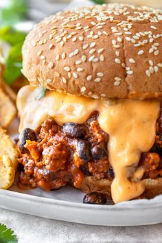 a cheeseburger on a plate with french fries