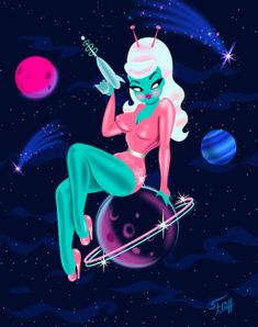 an illustration of a woman sitting on top of a ball with planets in the background